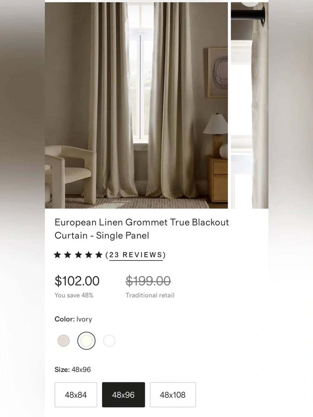 NWOT Quince European Linen Grommet True Blackout Curtain - Single Panel (Ivory)
